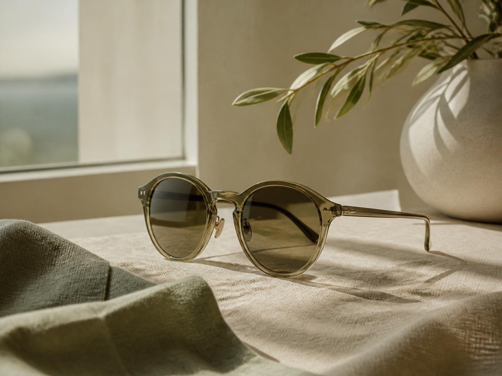 Sonnenbrille mit hellem Rahmen auf einem Leinentuch im Tageslicht